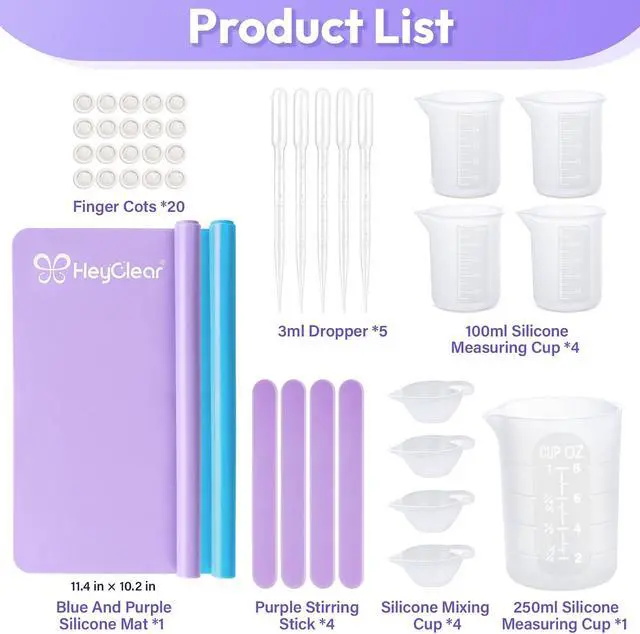 Alt view image 2 of 7 - HeyClear Silicone Measuring Cups Kit for Epoxy Resin 250&100ml Mixing Cups | Resin tools with Mats, Stir Sticks, Dropper Pipettes, Finger Cots for Epoxy Resin Crafting, Resin Molds, Jewelry Making