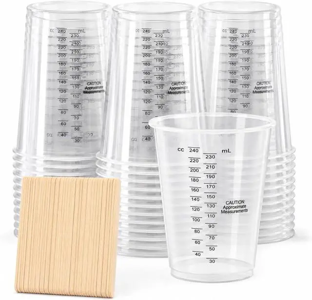 Main image of 8oz Clear Plastic Measuring Cups, Graduated Mixing Cups, 50 Pack | Disposable & reusable, Graduated markings, 8oz capacity, Resin & paint mixing, Cooking & baking, 50 pack