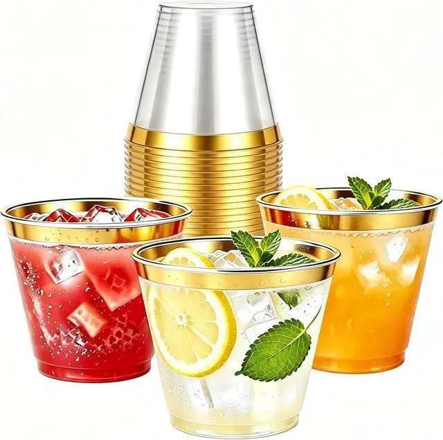 Main image of 20 Pcs Plastic Cups 9oz, Disposable Stemless Wine Glasses Party Cup | Clear Gold Rimmed Classic Cocktail Cup Champagne Flutes Party Cups for Birthday Valentine's Galentine's Day Wedding Christmas