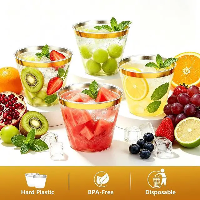 Alt view image 3 of 7 - 20 Pcs Plastic Cups 9oz, Disposable Stemless Wine Glasses Party Cup | Clear Gold Rimmed Classic Cocktail Cup Champagne Flutes Party Cups for Birthday Valentine's Galentine's Day Wedding Christmas