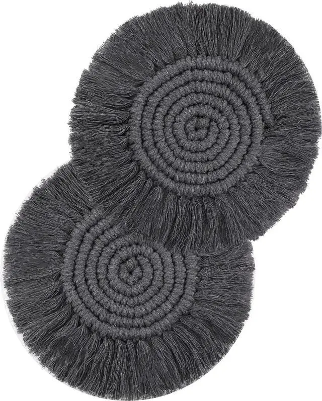 Main image of Boho Coasters Set of 2 for Drinks Absorbent, Macrame Cotton Coasters for Wooden Table Round Drink Coaster Set with Tassels Housewarming Gift Bar Coffee Table Office Desk Decor (Gray)