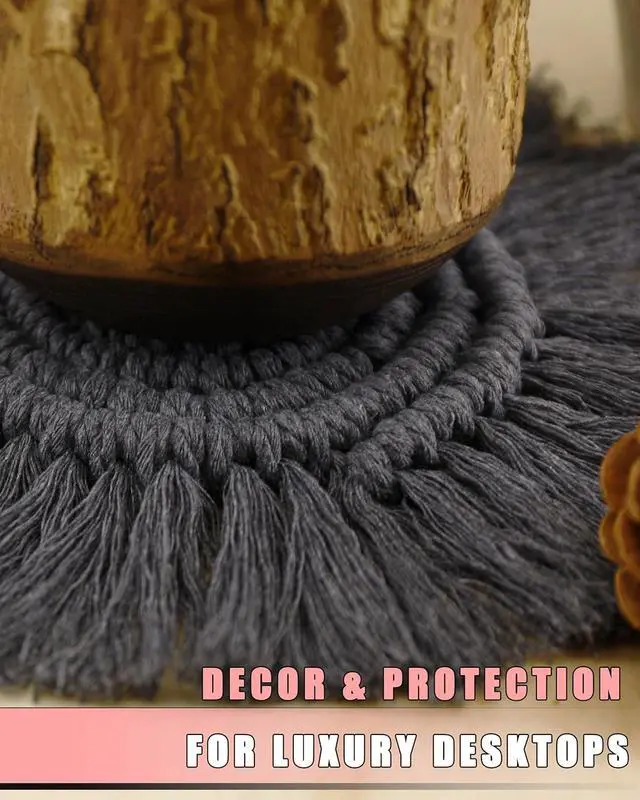 Alt view image 6 of 7 - Boho Coasters Set of 2 for Drinks Absorbent, Macrame Cotton Coasters for Wooden Table Round Drink Coaster Set with Tassels Housewarming Gift Bar Coffee Table Office Desk Decor (Gray)