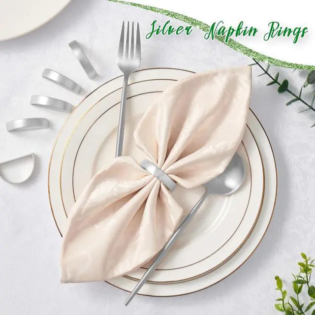 Alt view image 2 of 6 - APTWOW Silver Napkin Rings Set of 6, Thanksgiving Christmas Table Decor | Semicircle, Metal, Silver Napkin Holder Buckles, Fall Napkin Rings for Dinner Table Decor, Wedding, Banquet, Valentines Day