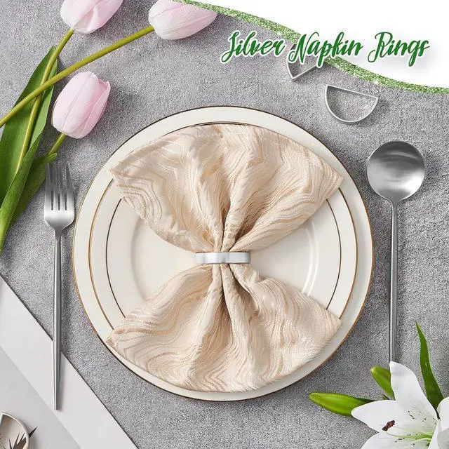 Alt view image 4 of 6 - APTWOW Silver Napkin Rings Set of 6, Thanksgiving Christmas Table Decor | Semicircle, Metal, Silver Napkin Holder Buckles, Fall Napkin Rings for Dinner Table Decor, Wedding, Banquet, Valentines Day