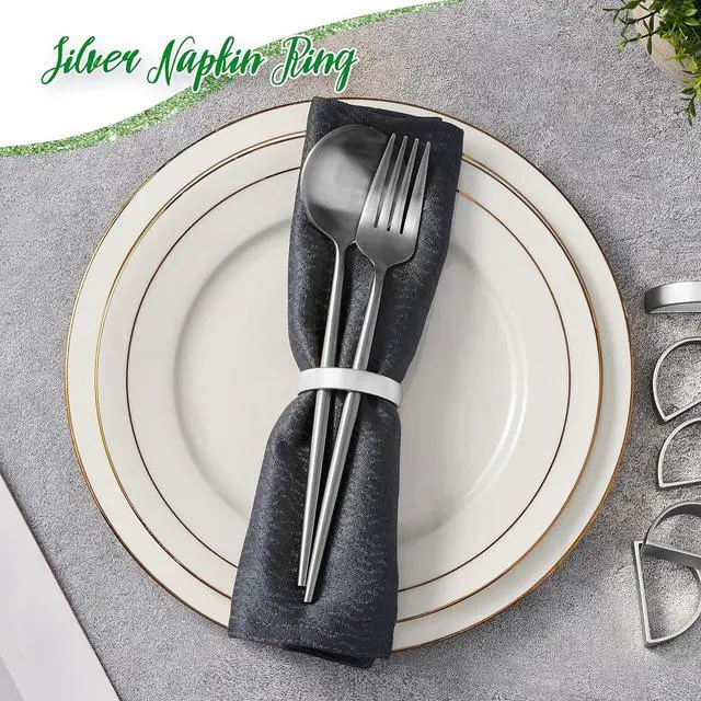 Alt view image 5 of 6 - APTWOW Silver Napkin Rings Set of 6, Thanksgiving Christmas Table Decor | Semicircle, Metal, Silver Napkin Holder Buckles, Fall Napkin Rings for Dinner Table Decor, Wedding, Banquet, Valentines Day