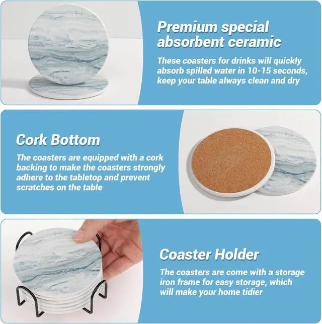 Alt view image 5 of 7 - Acejoz Drink Coasters with Holder for Coffee Table, Absorbent Coasters Set of 6, Marble Style Ceramic Coaster for Wooden Table, Suitable for Kinds of Cups, Home Decor, 4 Inches(Blue)