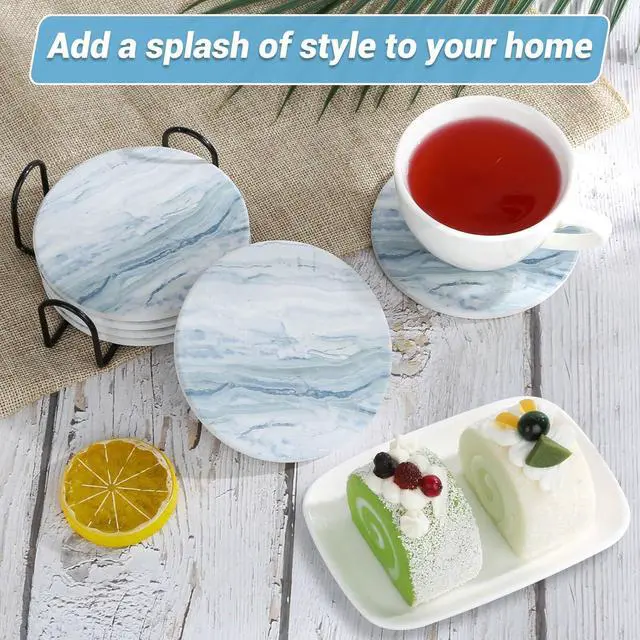 Alt view image 7 of 7 - Acejoz Drink Coasters with Holder for Coffee Table, Absorbent Coasters Set of 6, Marble Style Ceramic Coaster for Wooden Table, Suitable for Kinds of Cups, Home Decor, 4 Inches(Blue)