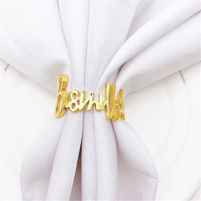 Alt view image 4 of 7 - Napkin Rings- 6 Pcs Bismillah Letter Metal Napkin Ring Set Alphabet Napkin Buckles Holder Table Decor for Wedding, Party, Ramadan, Banquet (Gold)
