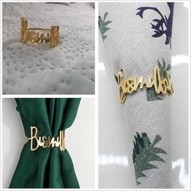 Alt view image 6 of 7 - Napkin Rings- 6 Pcs Bismillah Letter Metal Napkin Ring Set Alphabet Napkin Buckles Holder Table Decor for Wedding, Party, Ramadan, Banquet (Gold)
