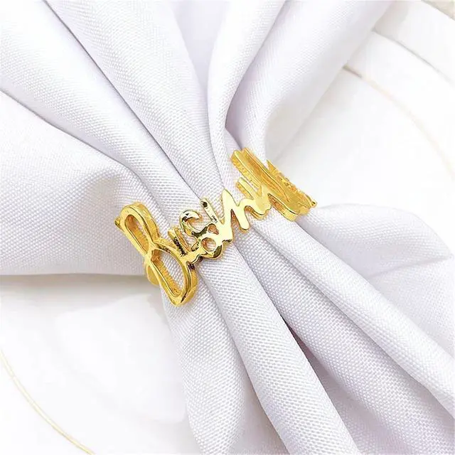 Alt view image 7 of 7 - Napkin Rings- 6 Pcs Bismillah Letter Metal Napkin Ring Set Alphabet Napkin Buckles Holder Table Decor for Wedding, Party, Ramadan, Banquet (Gold)