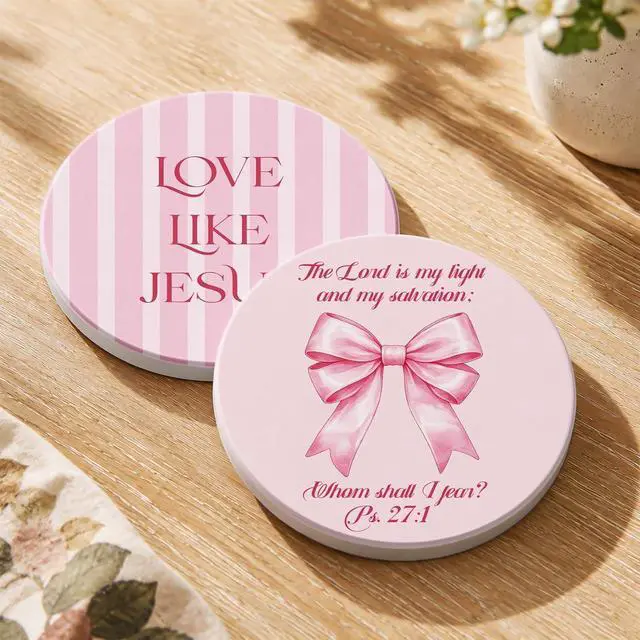 Main image of Oqplog 2 Pack Ceramic Absorbent Drink Coasters for Women | Pink Bow Christian Stripe Absorbent Drinking Coasters with Cork Backing for Desk Table Office Outdoor Coffee 4 Inch Set of 2