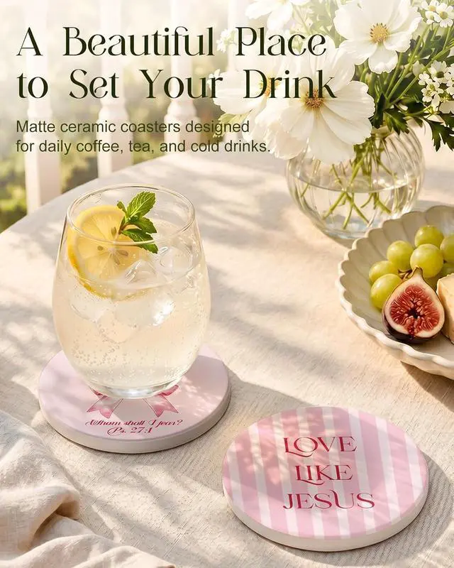 Alt view image 2 of 7 - Oqplog 2 Pack Ceramic Absorbent Drink Coasters for Women | Pink Bow Christian Stripe Absorbent Drinking Coasters with Cork Backing for Desk Table Office Outdoor Coffee 4 Inch Set of 2
