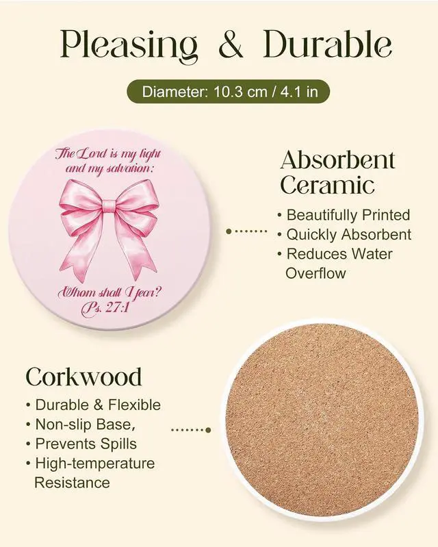 Alt view image 3 of 7 - Oqplog 2 Pack Ceramic Absorbent Drink Coasters for Women | Pink Bow Christian Stripe Absorbent Drinking Coasters with Cork Backing for Desk Table Office Outdoor Coffee 4 Inch Set of 2
