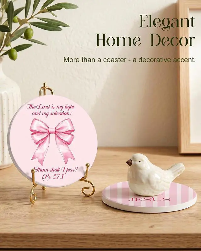 Alt view image 5 of 7 - Oqplog 2 Pack Ceramic Absorbent Drink Coasters for Women | Pink Bow Christian Stripe Absorbent Drinking Coasters with Cork Backing for Desk Table Office Outdoor Coffee 4 Inch Set of 2