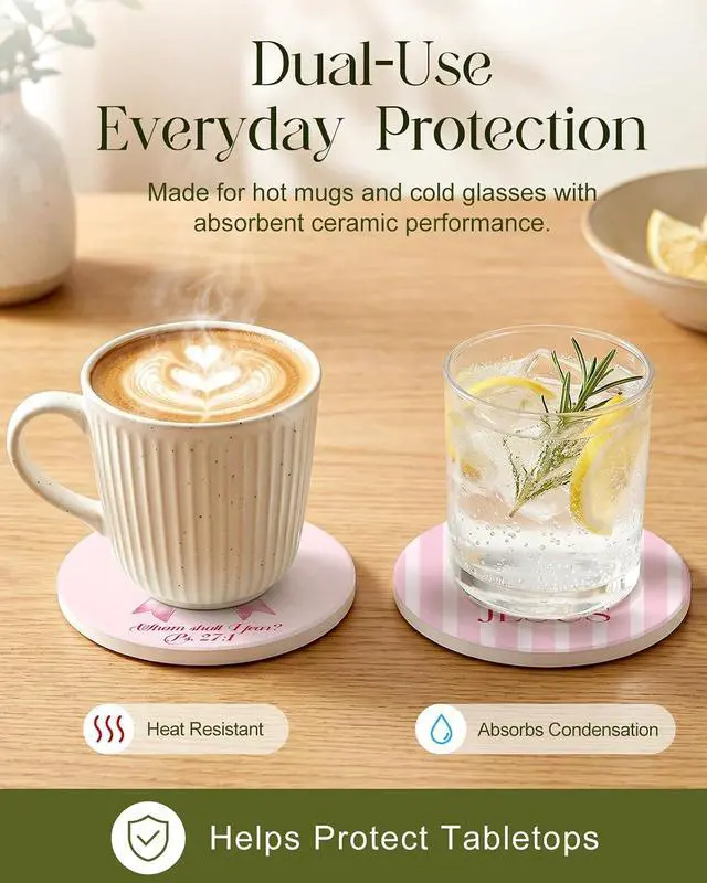 Alt view image 4 of 7 - Oqplog 2 Pack Ceramic Absorbent Drink Coasters for Women | Pink Bow Christian Stripe Absorbent Drinking Coasters with Cork Backing for Desk Table Office Outdoor Coffee 4 Inch Set of 2