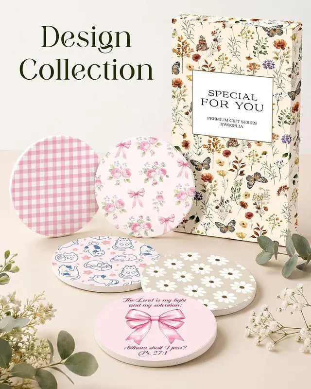Alt view image 7 of 7 - Oqplog 2 Pack Ceramic Absorbent Drink Coasters for Women | Pink Bow Christian Stripe Absorbent Drinking Coasters with Cork Backing for Desk Table Office Outdoor Coffee 4 Inch Set of 2
