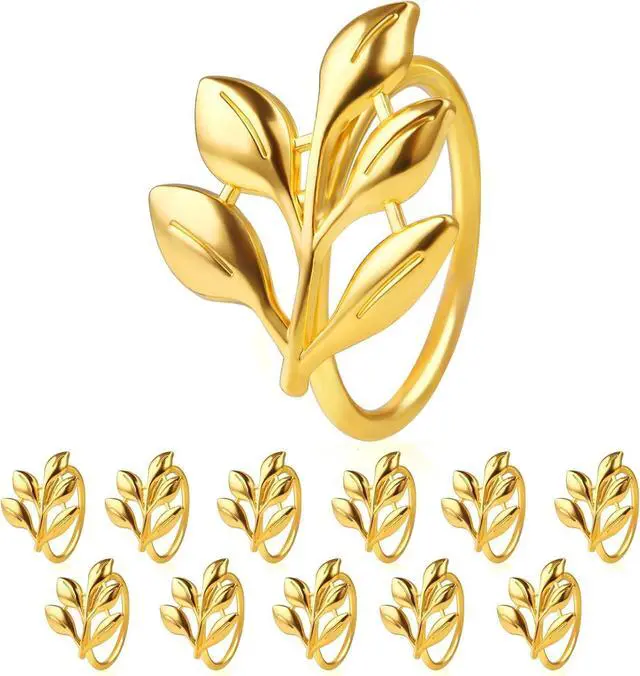 Main image of Leaf Napkin Ring Holder Set of 12 Gold Metal | Dining Table Decor, Wedding Party Dinner Banquet