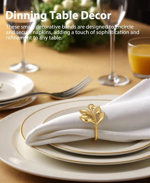 Alt view image 2 of 7 - Leaf Napkin Ring Holder Set of 12 Gold Metal | Dining Table Decor, Wedding Party Dinner Banquet