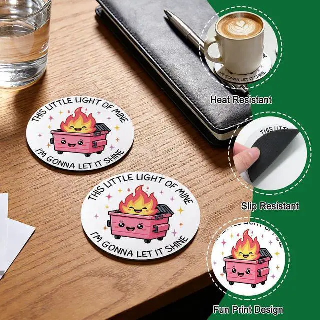 Alt view image 3 of 6 - This Little Light of Mine Im Gonna Let It Shine Drink Cup Holder Coaster Set of 2, Funny Dumpster Fire Coffee Cup Mats for Office Desk Decor, Inspirational Work Gifts for Women Men Coworkers