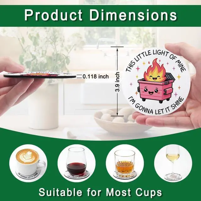 Alt view image 2 of 6 - This Little Light of Mine Im Gonna Let It Shine Drink Cup Holder Coaster Set of 2, Funny Dumpster Fire Coffee Cup Mats for Office Desk Decor, Inspirational Work Gifts for Women Men Coworkers