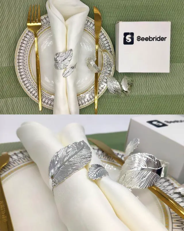 Alt view image 5 of 7 - Napkin Rings Silver, 6PCS Leaf Napkin Rings Metal for Table Setting Wedding Birthday Anniversary Easter Christmas Halloween Thanksgiving Party Fall