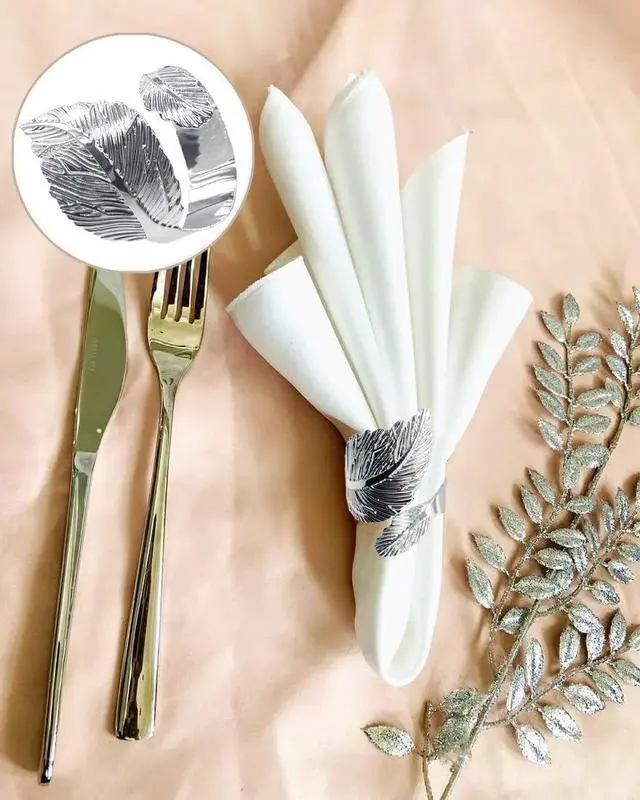Alt view image 6 of 7 - Napkin Rings Silver, 6PCS Leaf Napkin Rings Metal for Table Setting Wedding Birthday Anniversary Easter Christmas Halloween Thanksgiving Party Fall