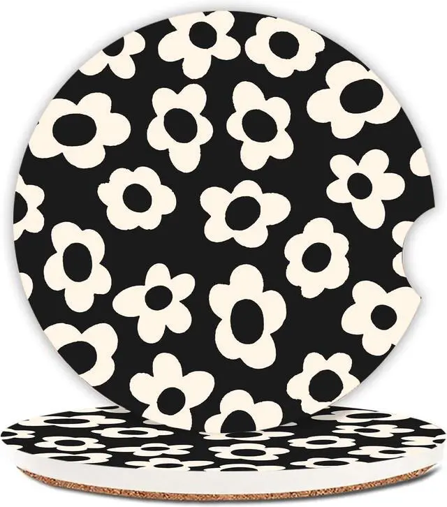 Main image of Absorbent Car Coasters 2 Pack for Cup Holders, 2.56" Ceramic Stone & Non-Scratch Cork Base Drink Coasters(White Flower)