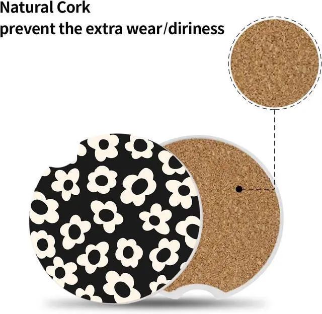 Alt view image 2 of 7 - Absorbent Car Coasters 2 Pack for Cup Holders, 2.56" Ceramic Stone & Non-Scratch Cork Base Drink Coasters(White Flower)