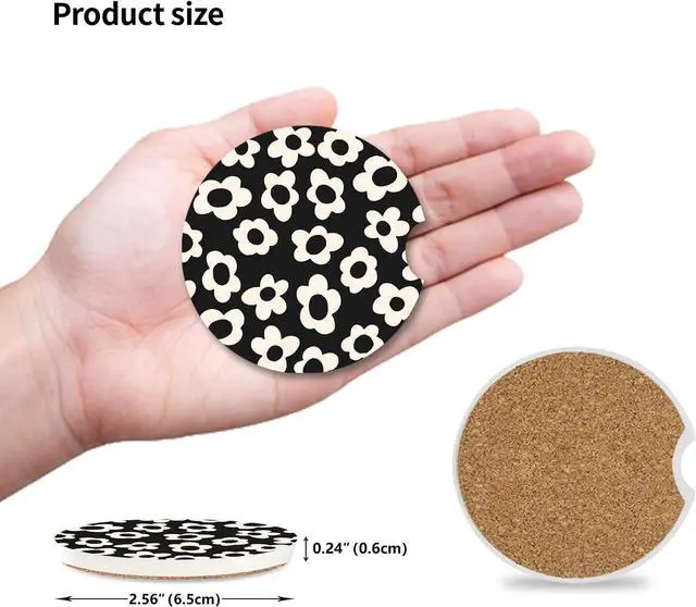 Alt view image 3 of 7 - Absorbent Car Coasters 2 Pack for Cup Holders, 2.56" Ceramic Stone & Non-Scratch Cork Base Drink Coasters(White Flower)