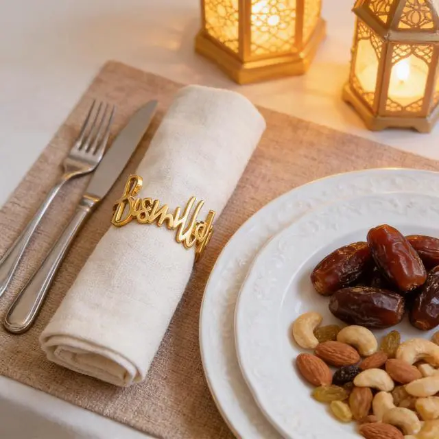 Alt view image 3 of 7 - Whaline 12Pcs Metal Bismillah Napkin Rings Gold Eid Ramadan Metallic Napkin Holder Wedding Alphabet Dinner Napkins Buckles Muslin Table Rings for Islamic Holiday Table Decoration