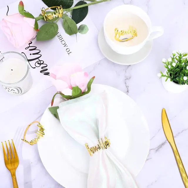 Alt view image 4 of 7 - Whaline 12Pcs Metal Bismillah Napkin Rings Gold Eid Ramadan Metallic Napkin Holder Wedding Alphabet Dinner Napkins Buckles Muslin Table Rings for Islamic Holiday Table Decoration