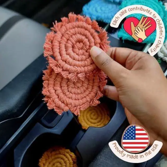 Alt view image 2 of 7 - Cotton Car Coasters for Cup Holders, 2PC Car Cup Coasters, Drink Coaster Holder, Cute cupholder Coaster Accessories for Women, Macrame, Boho (Cafe Latte)
