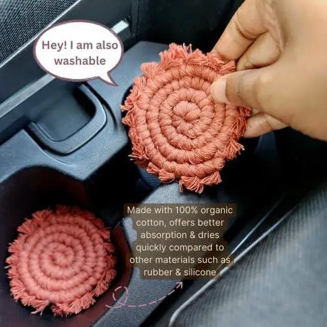 Alt view image 3 of 7 - Cotton Car Coasters for Cup Holders, 2PC Car Cup Coasters, Drink Coaster Holder, Cute cupholder Coaster Accessories for Women, Macrame, Boho (Cafe Latte)