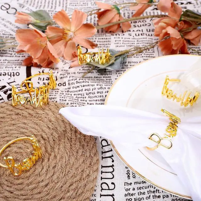 Alt view image 7 of 7 - Whaline 12Pcs Metal Bismillah Napkin Rings Gold Eid Ramadan Metallic Napkin Holder Wedding Alphabet Dinner Napkins Buckles Muslin Table Rings for Islamic Holiday Table Decoration