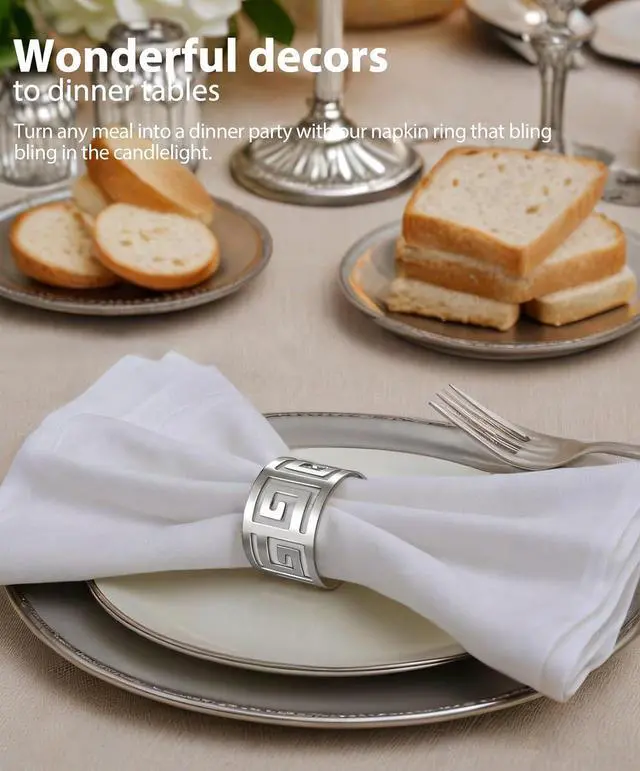Alt view image 2 of 6 - Hollow Out Design Napkin Rings Holder, Silver, Set of 12 | Luxurious Hollow Out Design, Exceptional Craftsmanship, For Wedding Dinning Birthday Parties