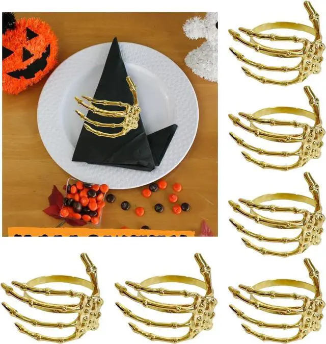 Main image of Halloween Napkin Rings Set of 6 Skeleton Hand Gold Napkin Ring | Halloween Decor,Napkin Rings,HoldersHorror Theme Napkin Ring,for Party Dinner Wedding Banquet Dinning Table Decoration