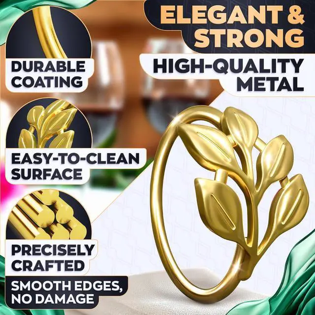 Alt view image 3 of 7 - Gold Napkin Rings Set of 12, Leaf Design Metal Holders for Dining Use | Hold Cloth Napkins Neatly at Weddings, Anniversaries, and Parties - Elegant Accents That Finish a Festive Table Setting