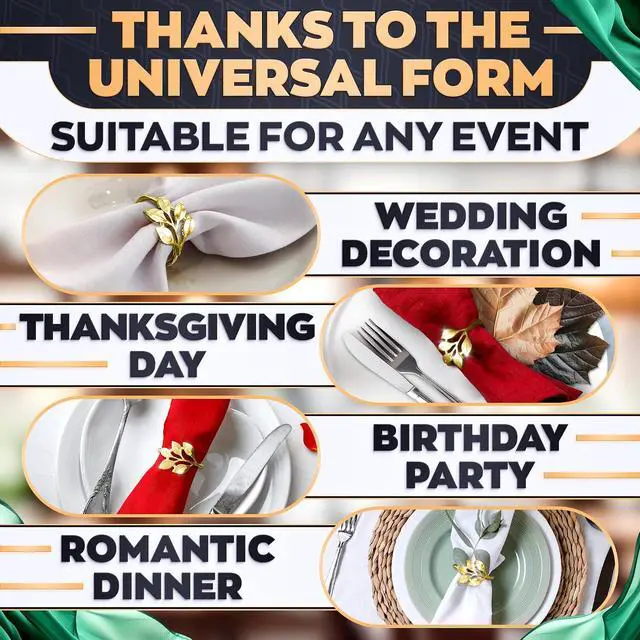 Alt view image 5 of 7 - Gold Napkin Rings Set of 12, Leaf Design Metal Holders for Dining Use | Hold Cloth Napkins Neatly at Weddings, Anniversaries, and Parties - Elegant Accents That Finish a Festive Table Setting