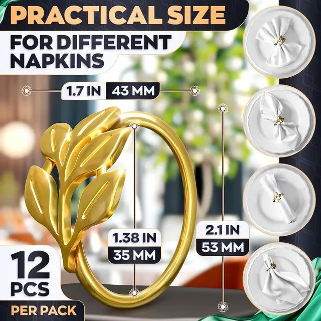 Alt view image 2 of 7 - Gold Napkin Rings Set of 12, Leaf Design Metal Holders for Dining Use | Hold Cloth Napkins Neatly at Weddings, Anniversaries, and Parties - Elegant Accents That Finish a Festive Table Setting