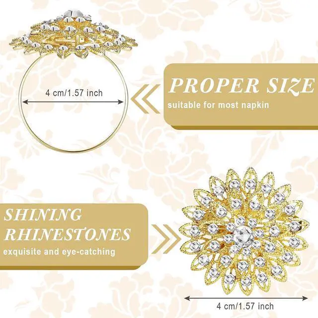 Alt view image 2 of 6 - Geiserailie 6 Pcs Gold Napkin Rings, Crystal Flower Alloy Wedding | Rhinestone Holders for Bridal Shower Bachelor Party Birthday Dinner Table, Shiny Floral Design Adds Holiday Elegance