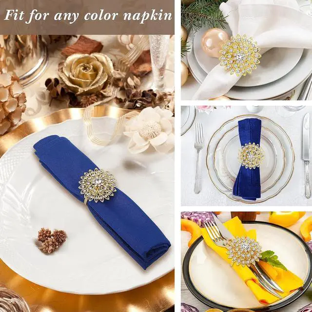Alt view image 5 of 6 - Geiserailie 6 Pcs Gold Napkin Rings, Crystal Flower Alloy Wedding | Rhinestone Holders for Bridal Shower Bachelor Party Birthday Dinner Table, Shiny Floral Design Adds Holiday Elegance