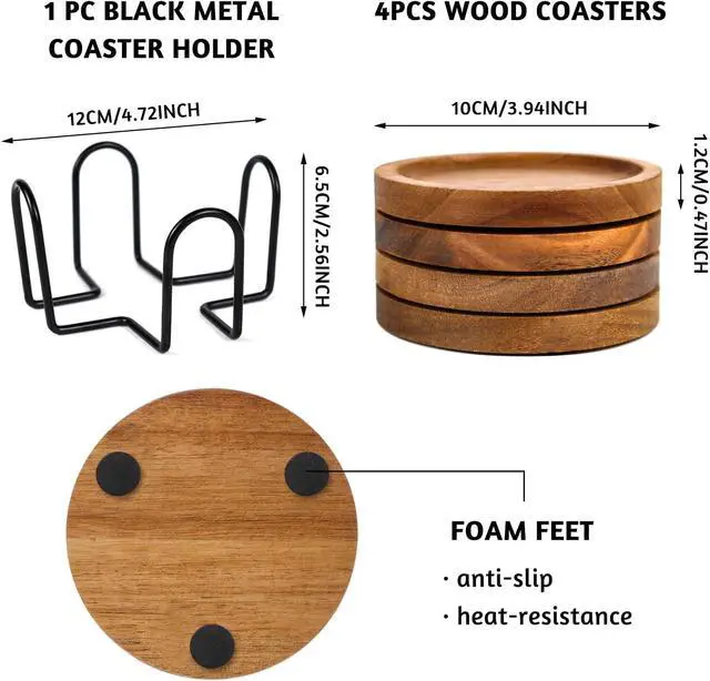 Alt view image 2 of 6 - Acacia Wood Coasters Set of 4 with Holder, Wooden Coasters for Drinks | 4 in Diameter Coasters with Foam Feet, Anti-Slip, Heat-Resistant Elegant Rustic Home Decor & Perfect Housewarming Gift