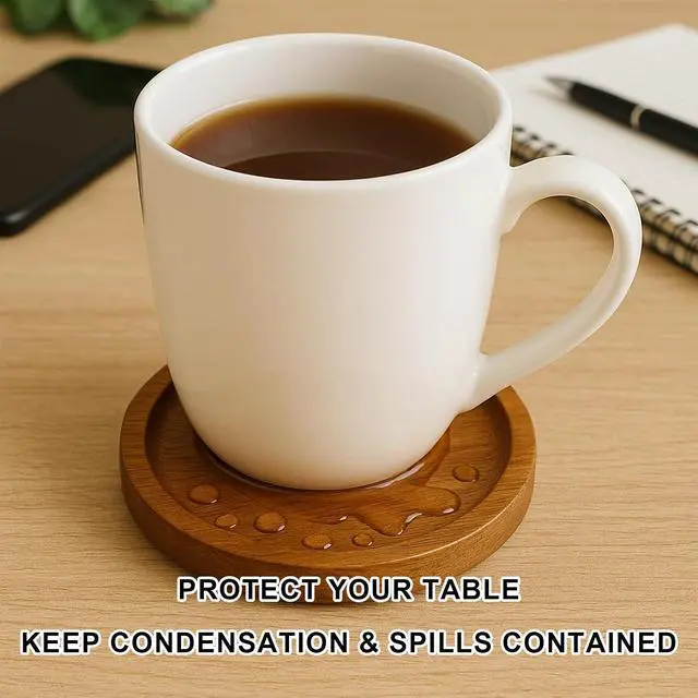 Alt view image 4 of 6 - Acacia Wood Coasters Set of 4 with Holder, Wooden Coasters for Drinks | 4 in Diameter Coasters with Foam Feet, Anti-Slip, Heat-Resistant Elegant Rustic Home Decor & Perfect Housewarming Gift