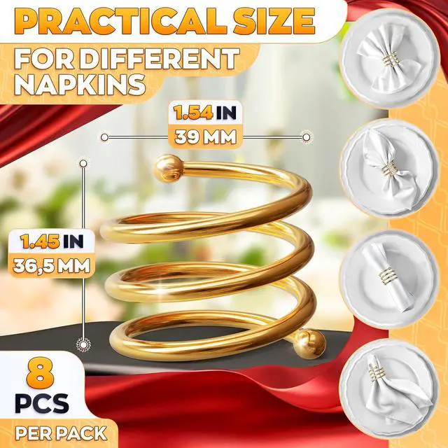 Alt view image 2 of 7 - Gold Napkin Rings Set of 8, Elegant Spiral Holders for Table Decor | Reusable Metal Holders Slide Over Cloth, Paper, or Linen Napkins - Fit Dining Tables, Weddings, and Elegant Party Settings