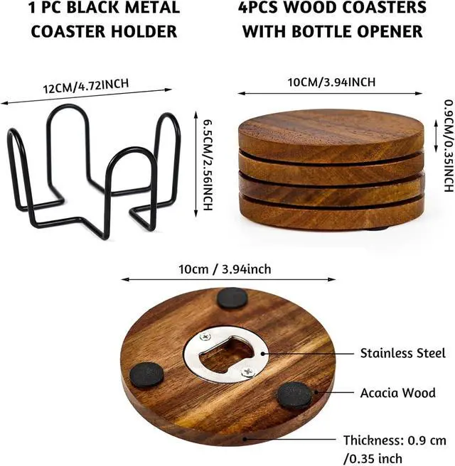 Alt view image 3 of 7 - 2-in-1 Wood Coasters with Bottle Opener, Set of 4 with Holder | 4 in Diameter Unique Acacia Wood Drink Coasters with Stainless Steel Openers and Non-Slip Feet, Beer Coasters, Gifts for Men