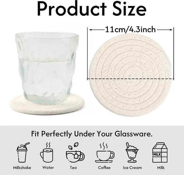 Alt view image 2 of 7 - Coasters Set of 4 for Drinks, Cotton Woven 4 Colors Absorbent Boho Coasters for Home Decor Cups - Hot or Cold Drink Thickened (White)