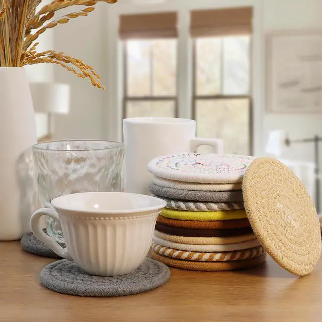 Alt view image 4 of 7 - Coasters Set of 4 for Drinks, Cotton Woven 4 Colors Absorbent Boho Coasters for Home Decor Cups - Hot or Cold Drink Thickened (White)