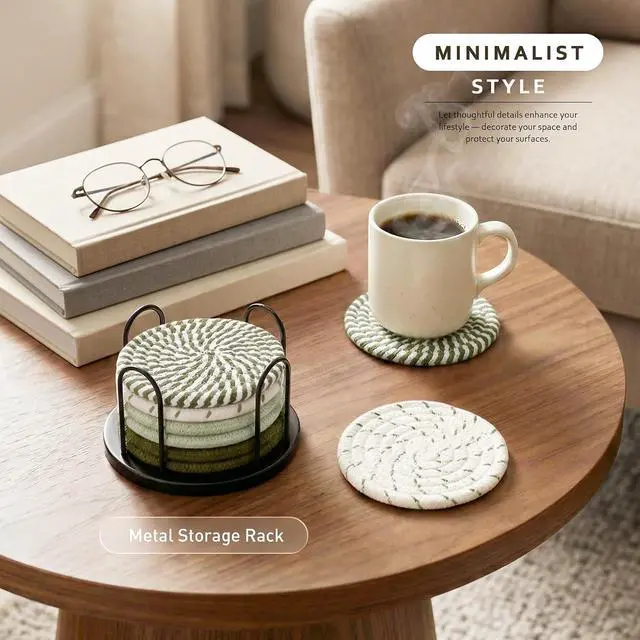 Alt view image 2 of 6 - Lazebox Coasters Set of 8 for Drinks, 4 Inch Large Coasters for Coffee Table, Tabletop Protection for Hot & Cold Drinks, Versatile Coasters for Home Decor, Non-Slip & Easy to Clean, Olive Green