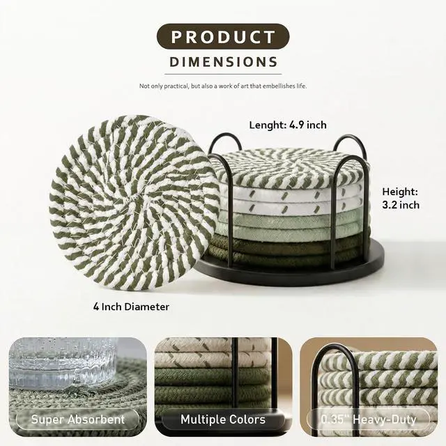 Alt view image 4 of 6 - Lazebox Coasters Set of 8 for Drinks, 4 Inch Large Coasters for Coffee Table, Tabletop Protection for Hot & Cold Drinks, Versatile Coasters for Home Decor, Non-Slip & Easy to Clean, Olive Green