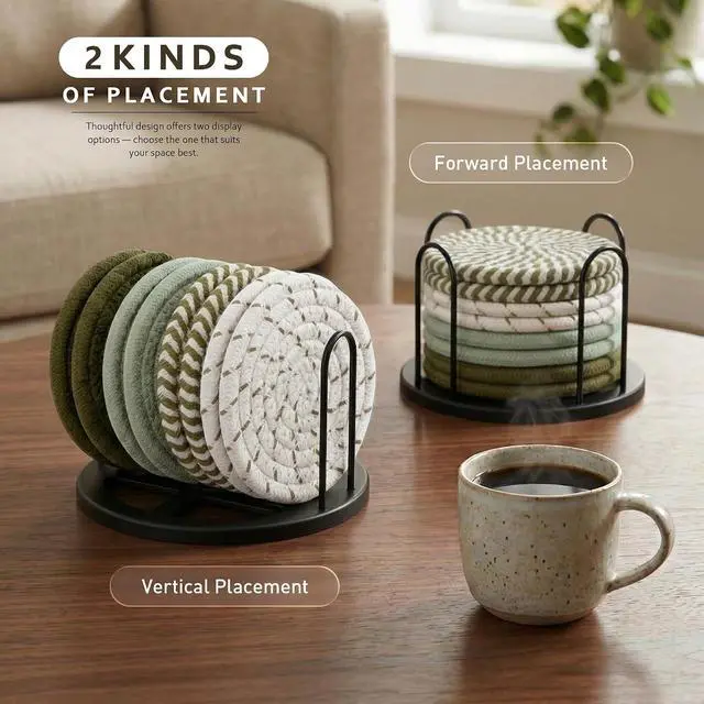 Alt view image 6 of 6 - Lazebox Coasters Set of 8 for Drinks, 4 Inch Large Coasters for Coffee Table, Tabletop Protection for Hot & Cold Drinks, Versatile Coasters for Home Decor, Non-Slip & Easy to Clean, Olive Green
